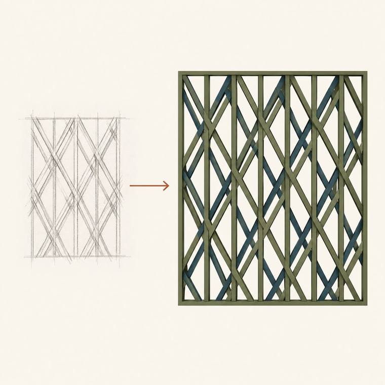 Croquis a lápiz de una celosía junto a la misma celosía resuelta con geometría precisa